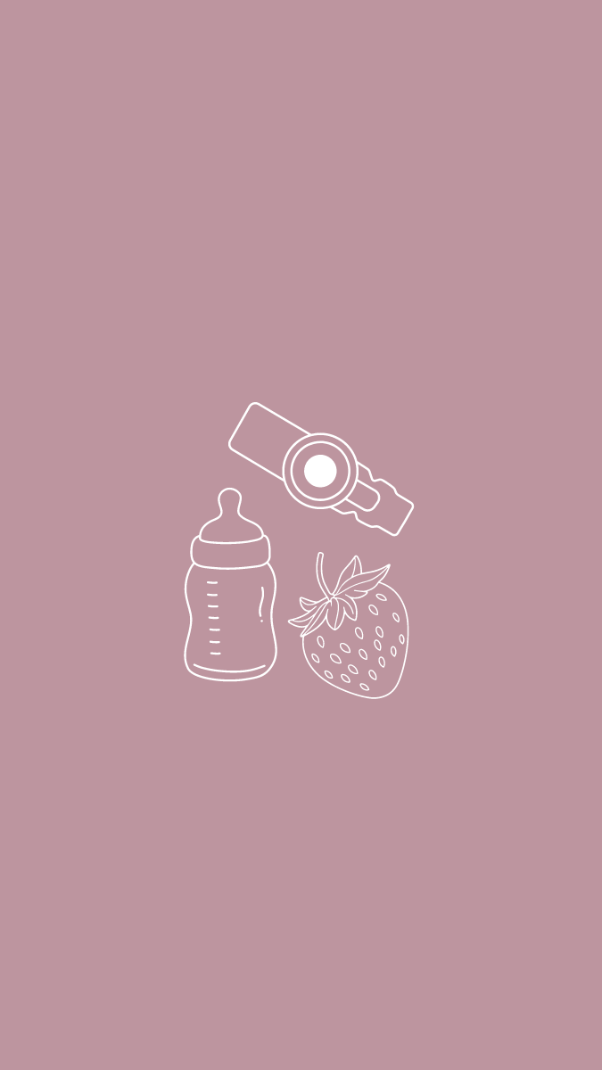 Mauve pink graphic with baby bottle, g-tube button, and strawberry outline icons