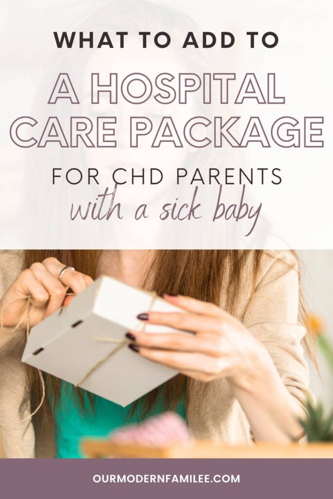A woman with dark painted nails is tying a string around a white box. The text overlay reads: 'What to add to a Hospital Care Package for CHD Parents with a Sick Baby.'